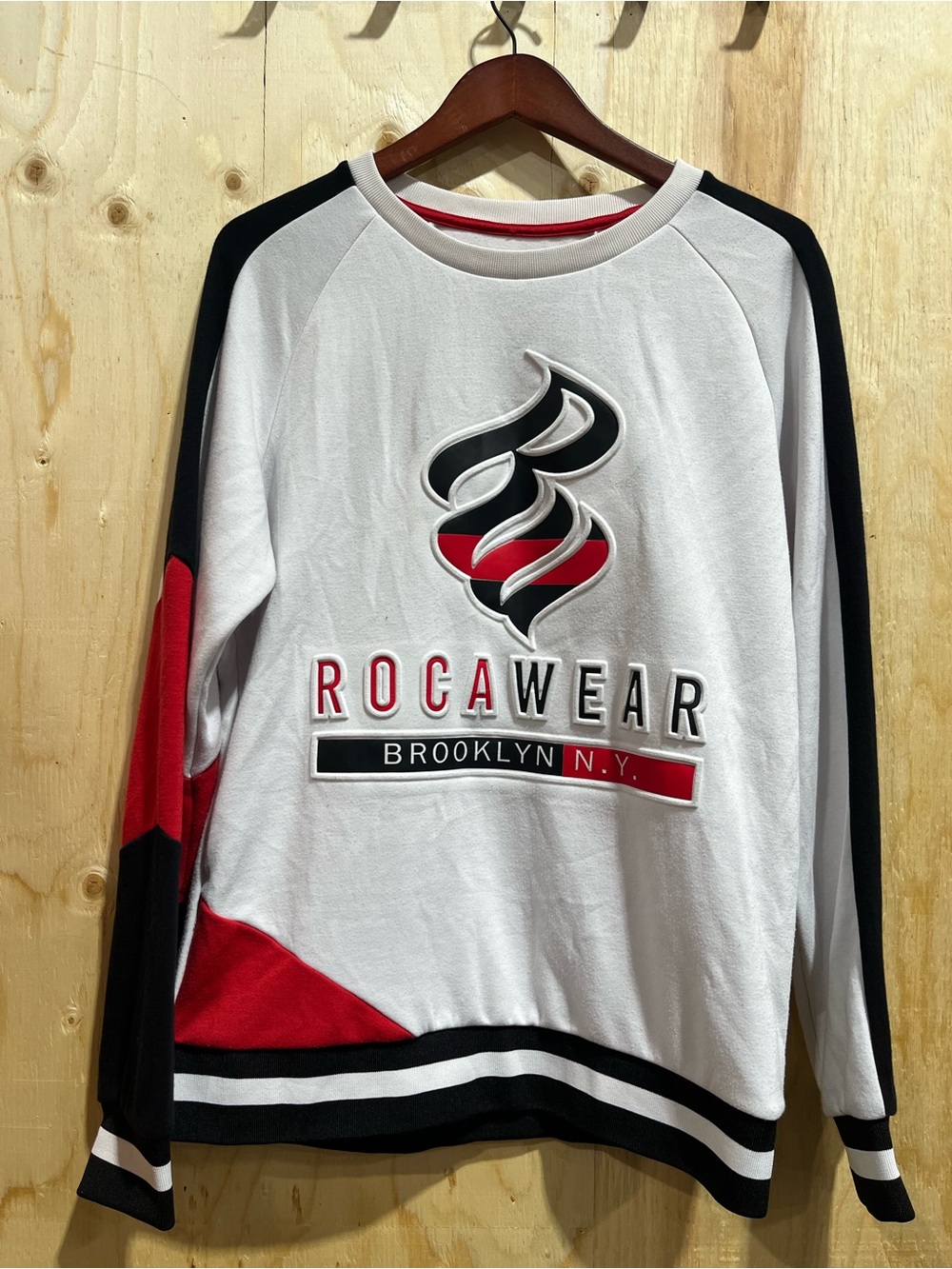 Rocawear White, Black & Red Crewneck Logo Sweater. Size Medium